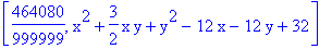 [464080/999999, x^2+3/2*x*y+y^2-12*x-12*y+32]